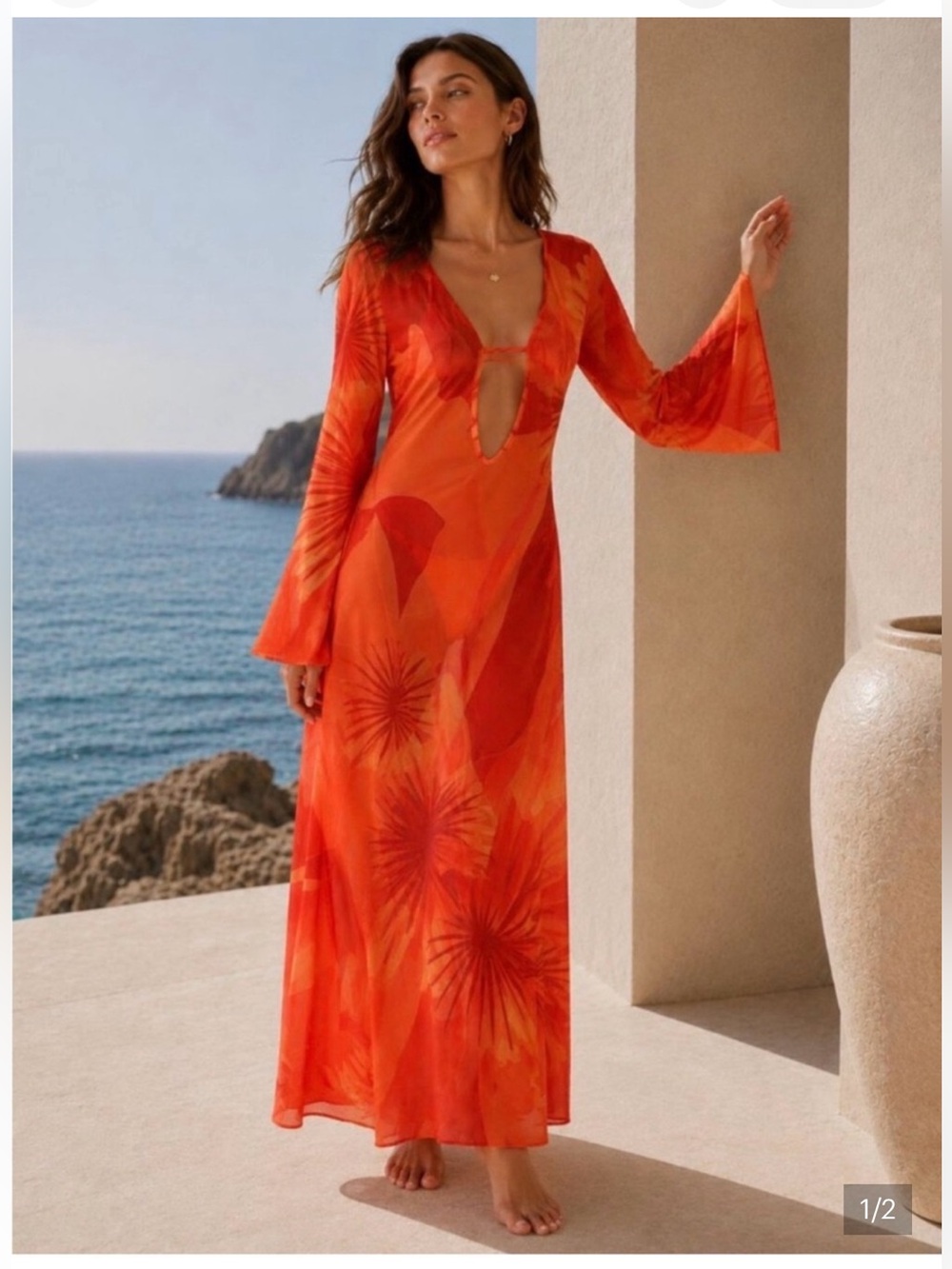 Caroline Constas 🔥 Maxi Orange Mesh Long Sleeve 
Cover up